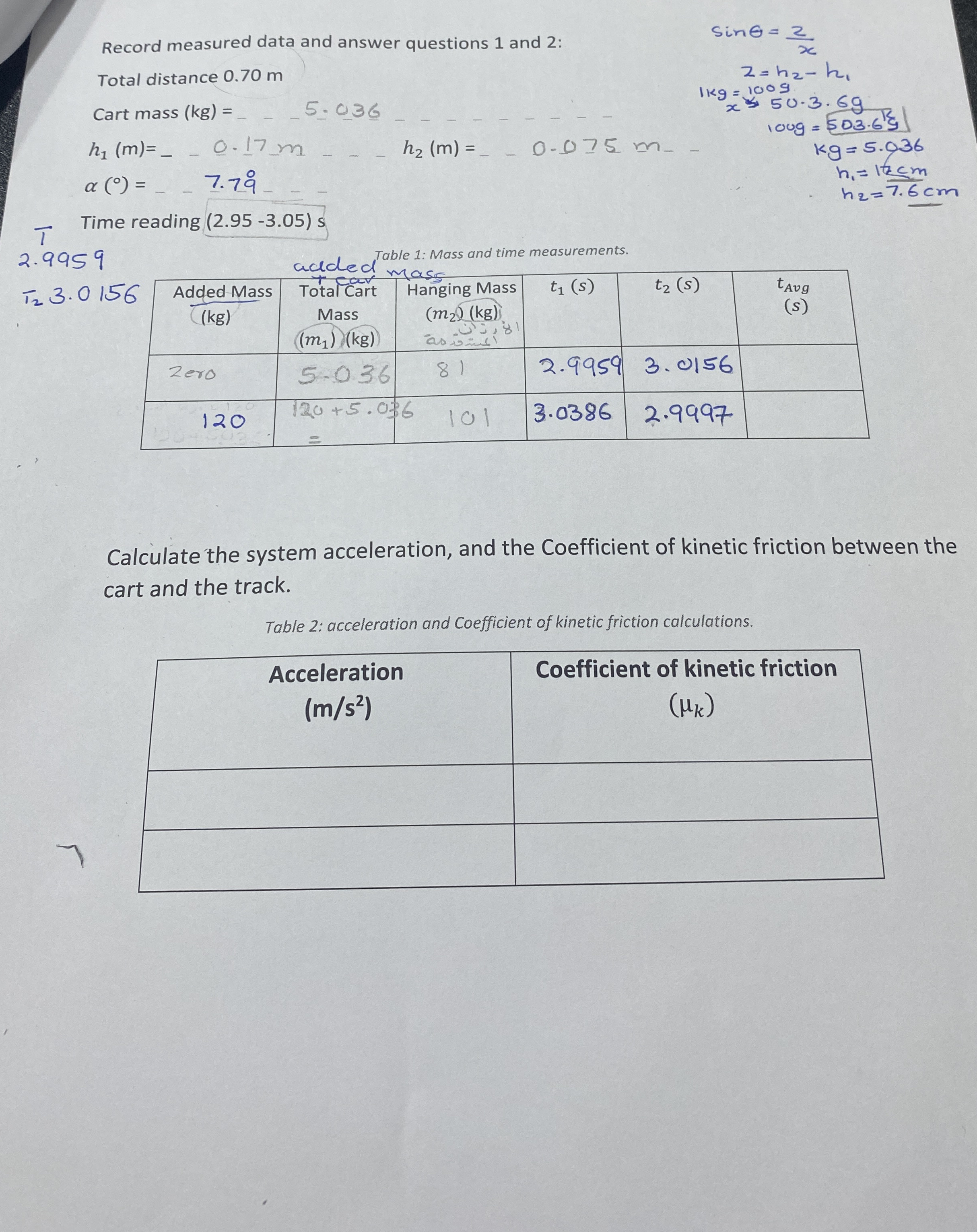 Record measured data and answer questions 1 and 2