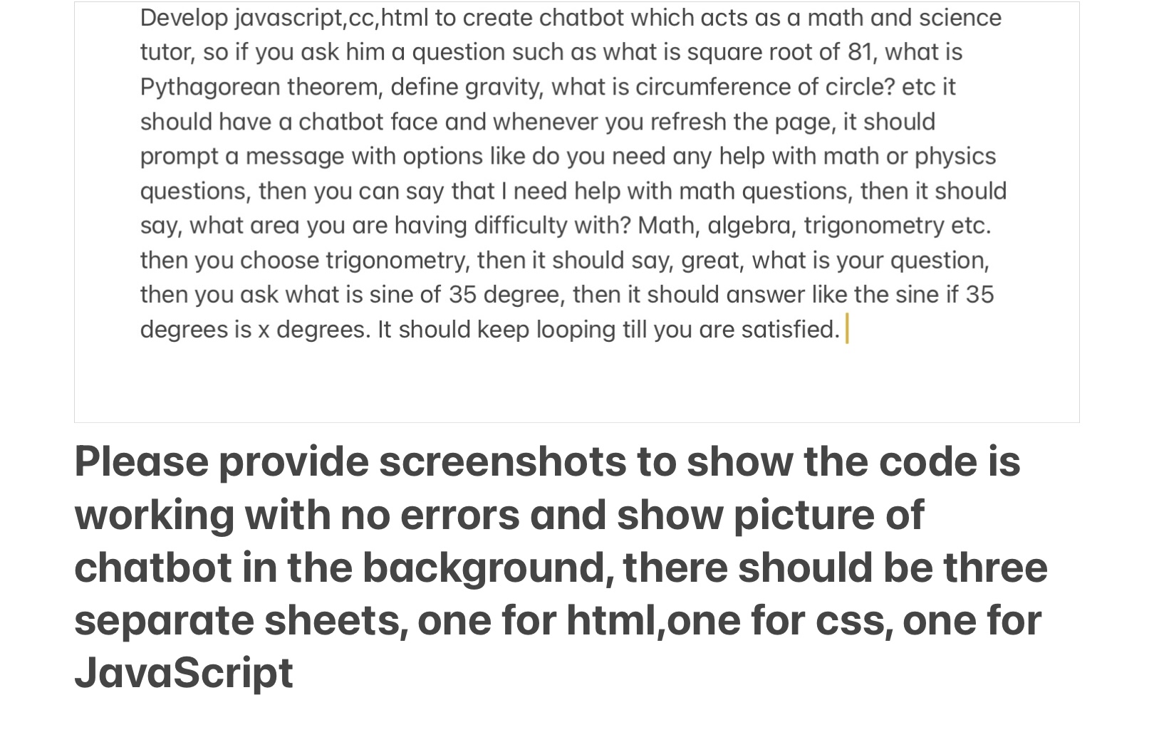 Develop javascript,cc , html to create chatbot