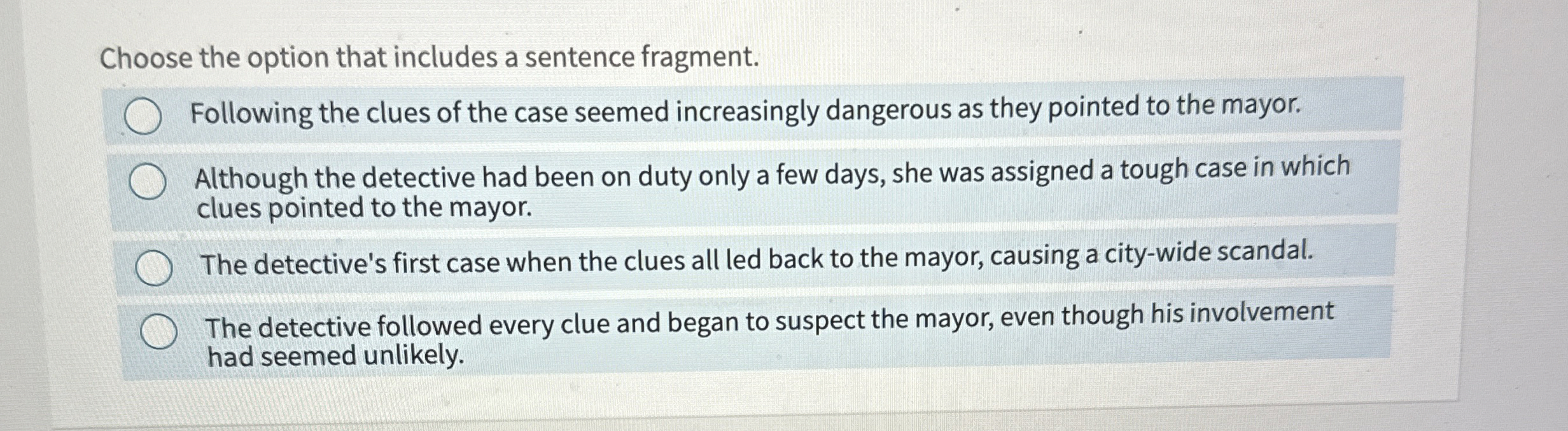 Choose the option that includes a sentence