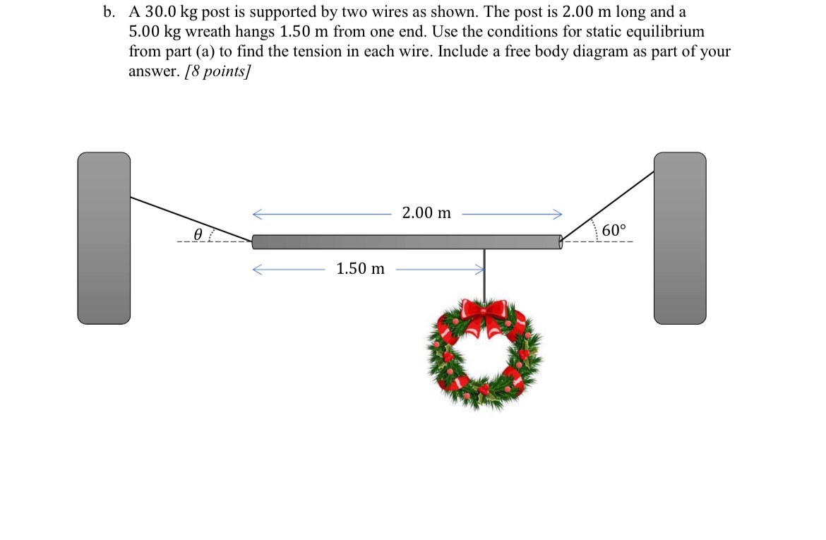 b . A 3 0 . 0 kg post is supported by two wires
