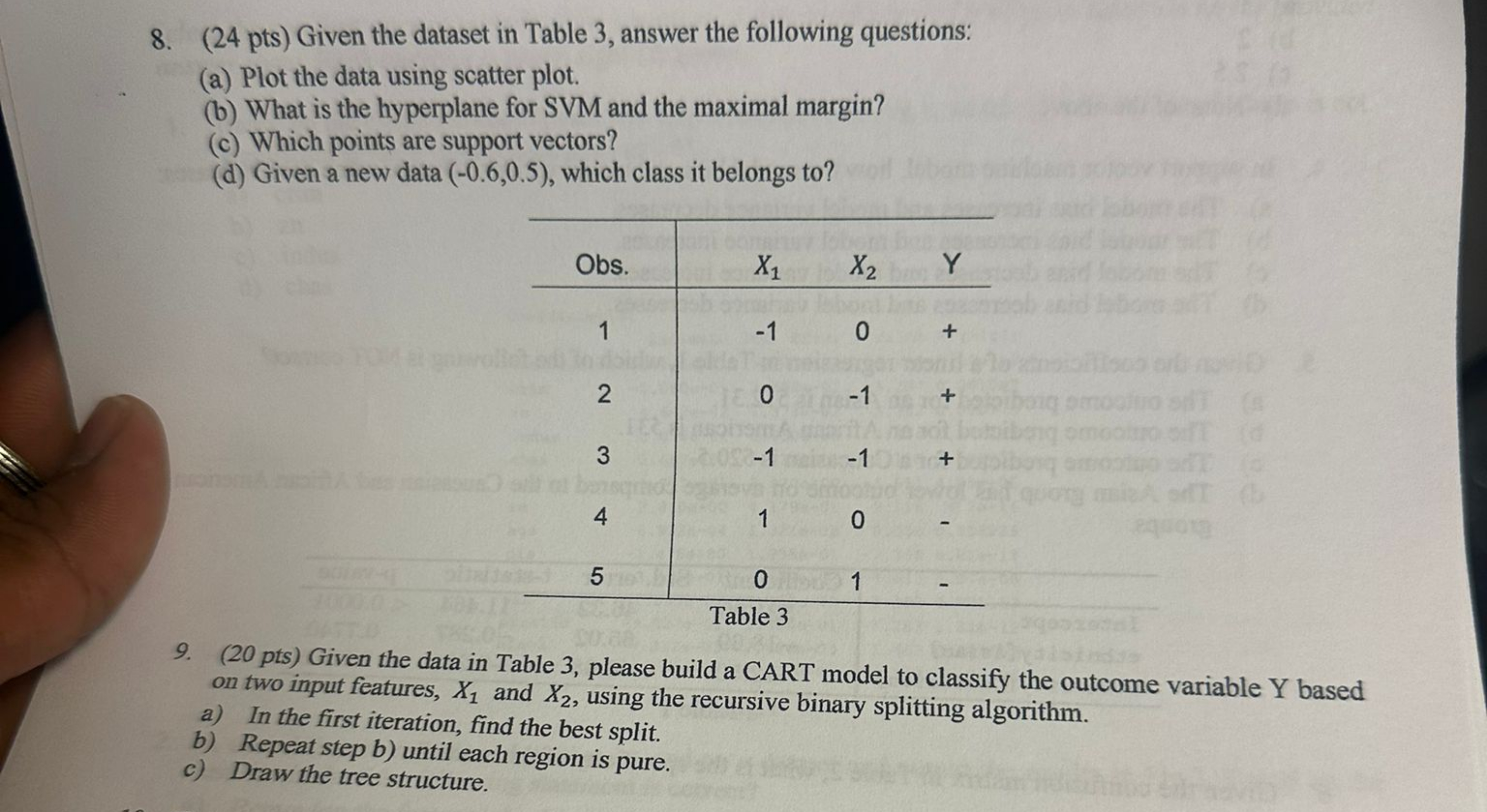 ( 2 4 pts ) Given the dataset in Table 3 , answer