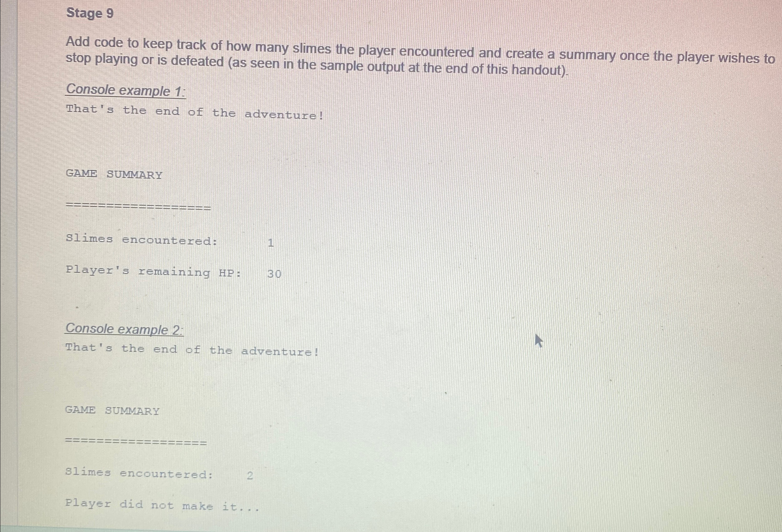 Stage 1 Create an array to store the player's