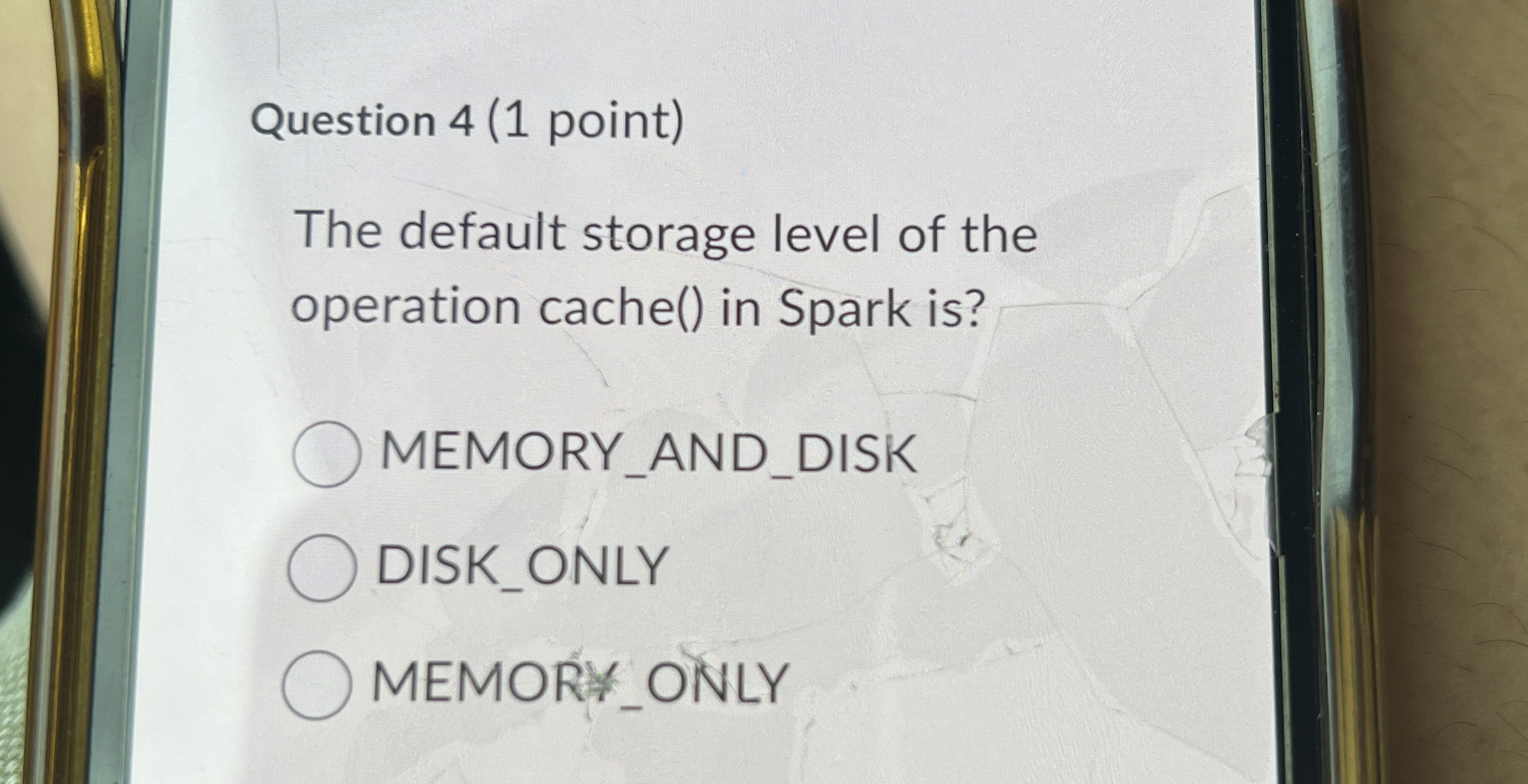 Question 4 ( 1 point ) The default storage level