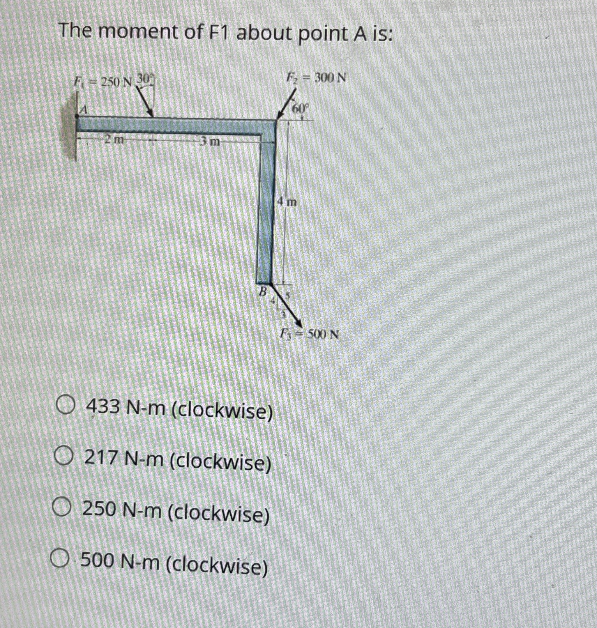 The moment of F 1 about point A is: 4 3 3 N - m (