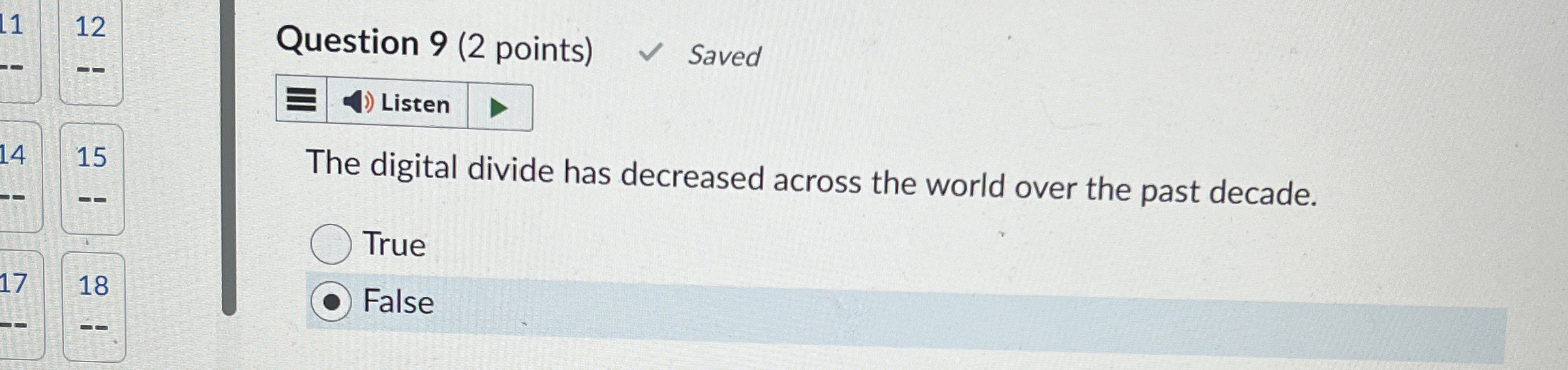 Question 9 ( 2 points ) Saved The digital divide