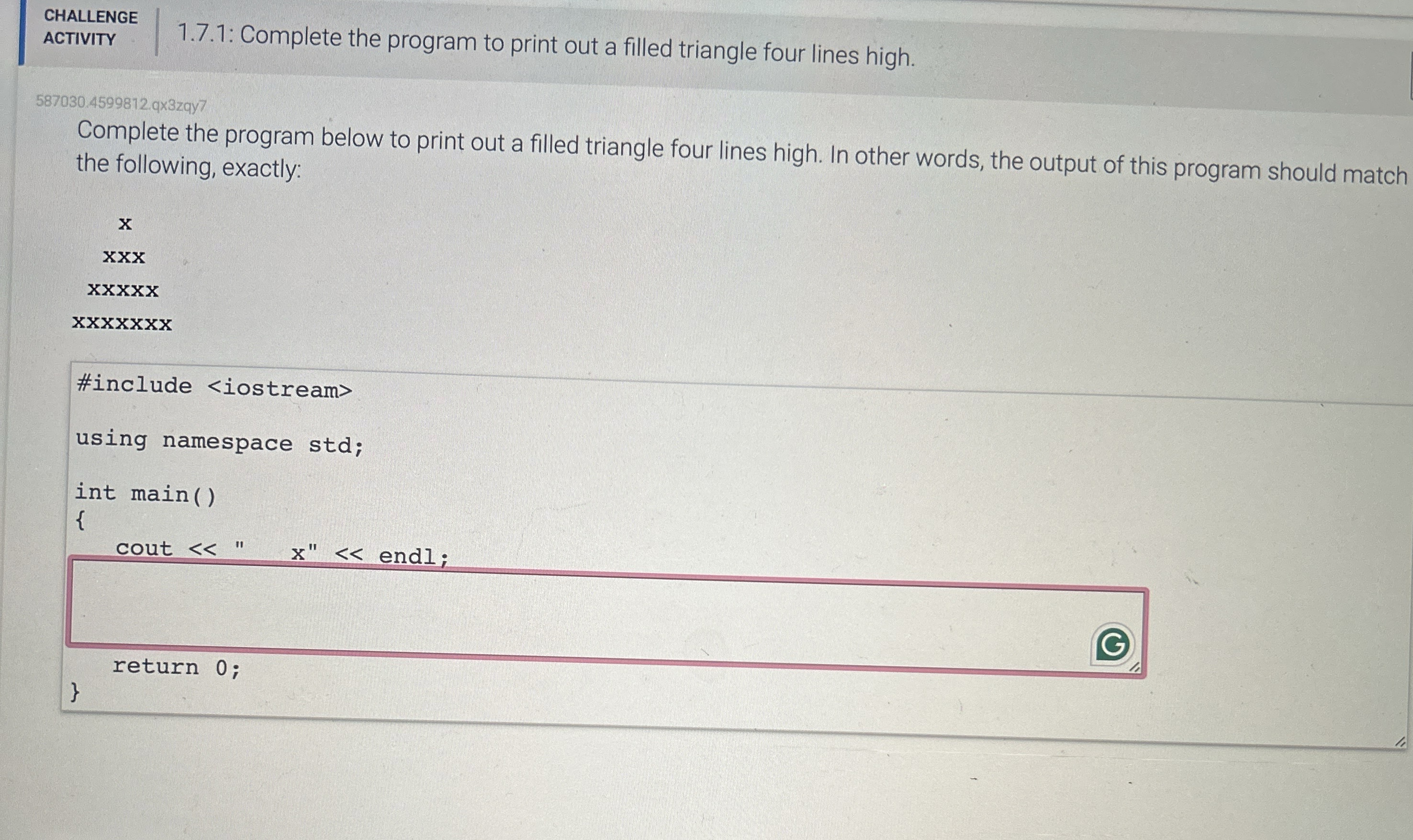 CHALLENGE ACTIVITY 1 . 7 . 1 : Complete the