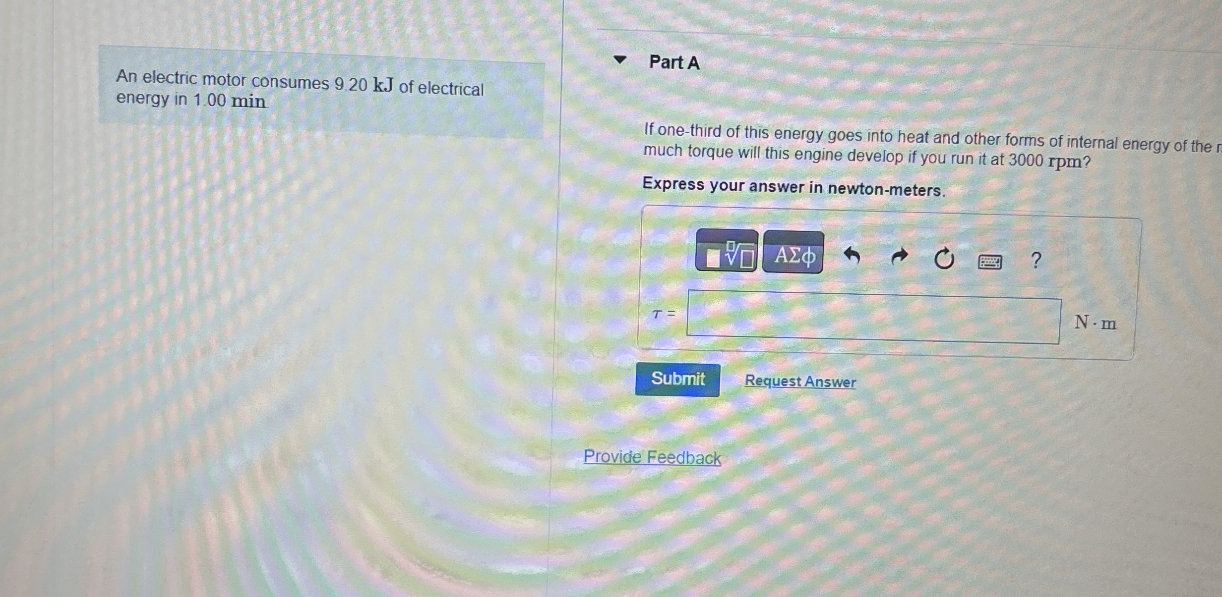 An electric motor consumes 9 . 2 0 kJ of