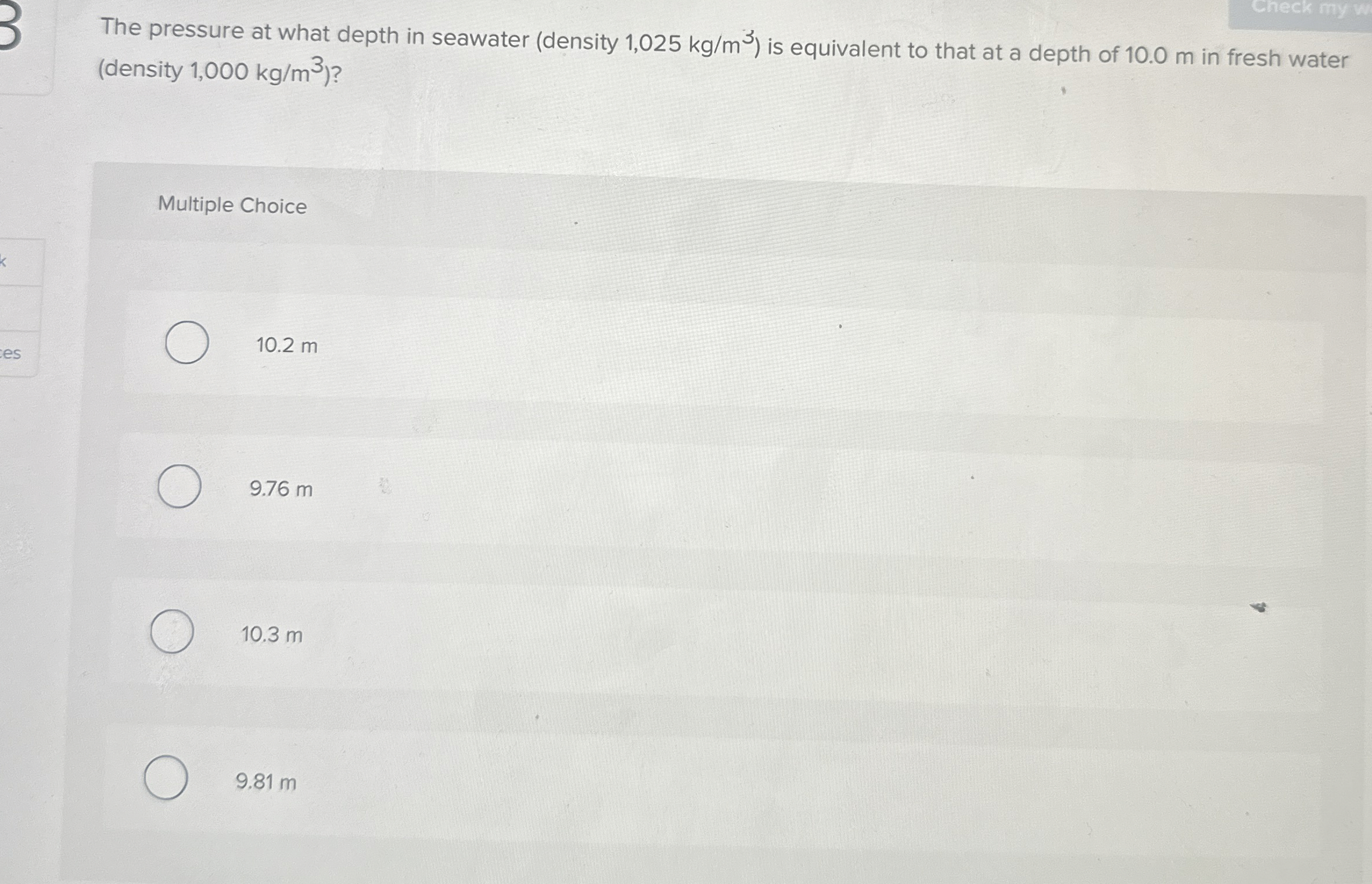 The pressure at what depth in seawater ( density