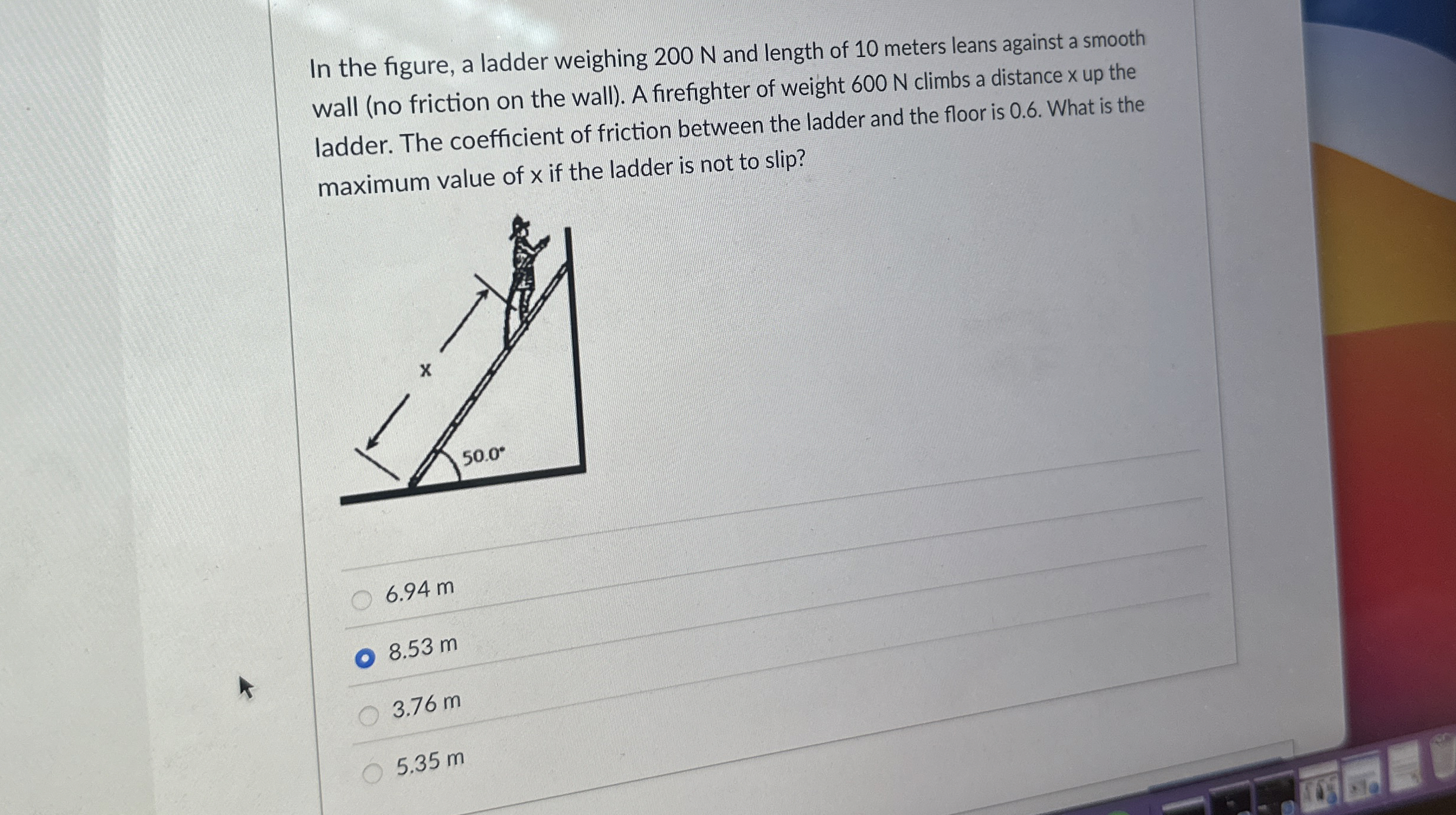 In the figure, a ladder weighing 2 0 0 N and