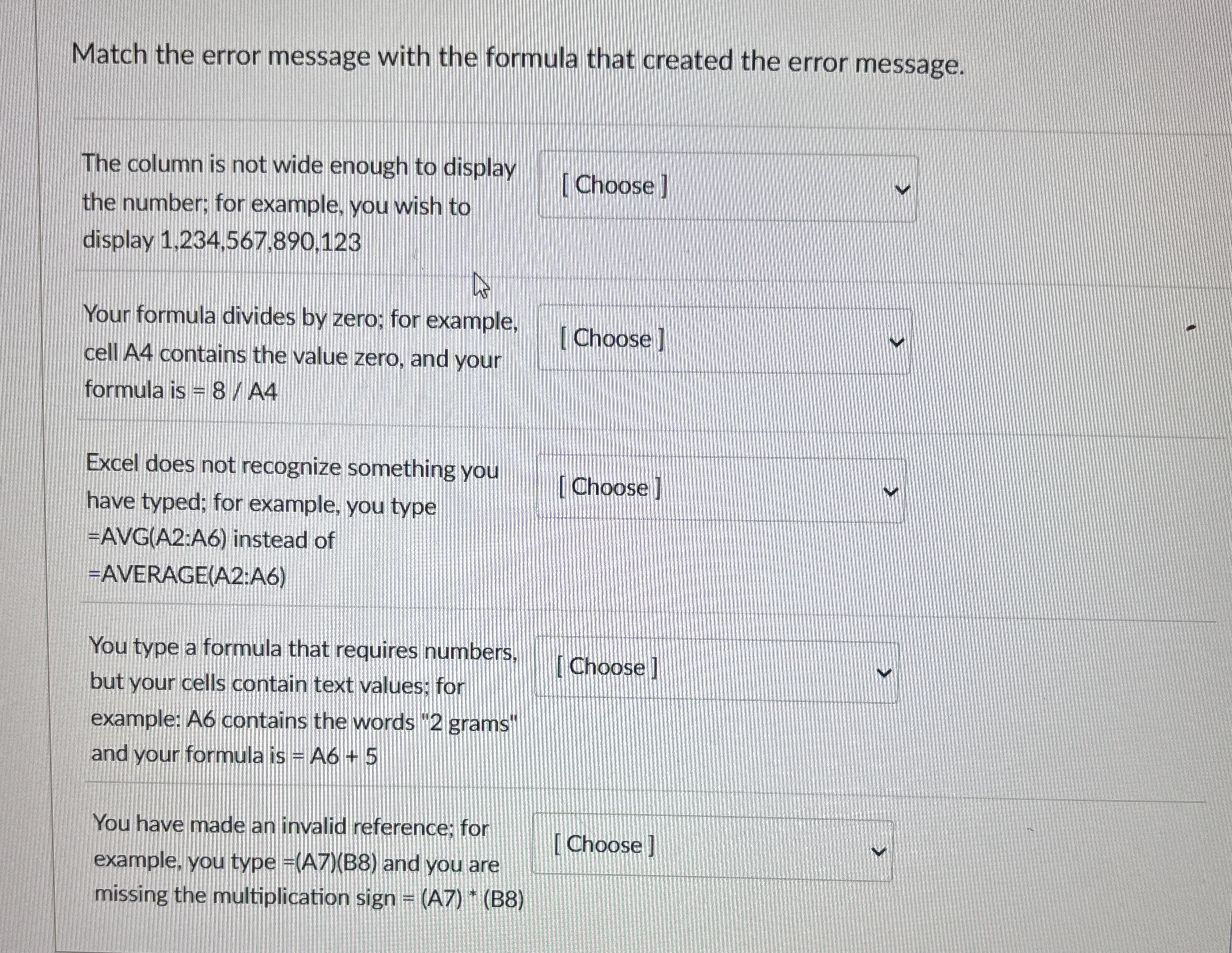 Match the error message with the formula that