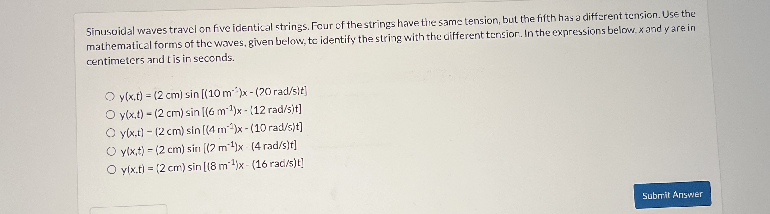Sinusoidal waves travel on five identical