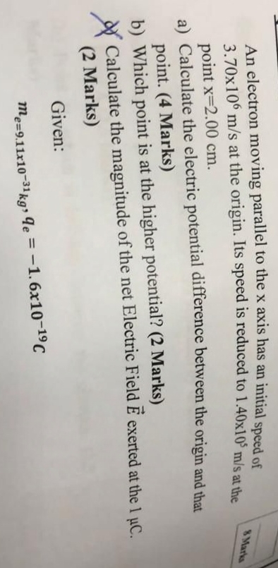 An electron moving parallel to the x axis has an