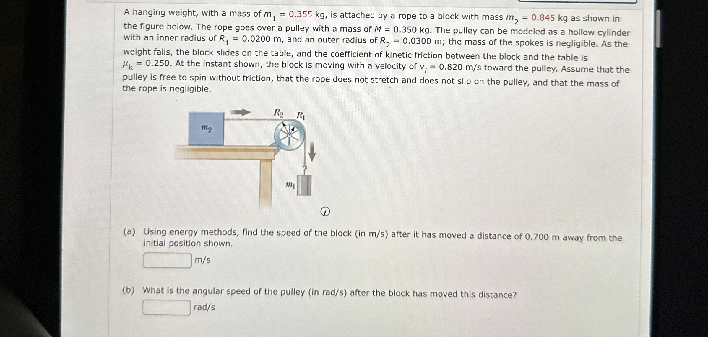 A hanging weight, with a mass of m 1 = 0 . 3 5 5