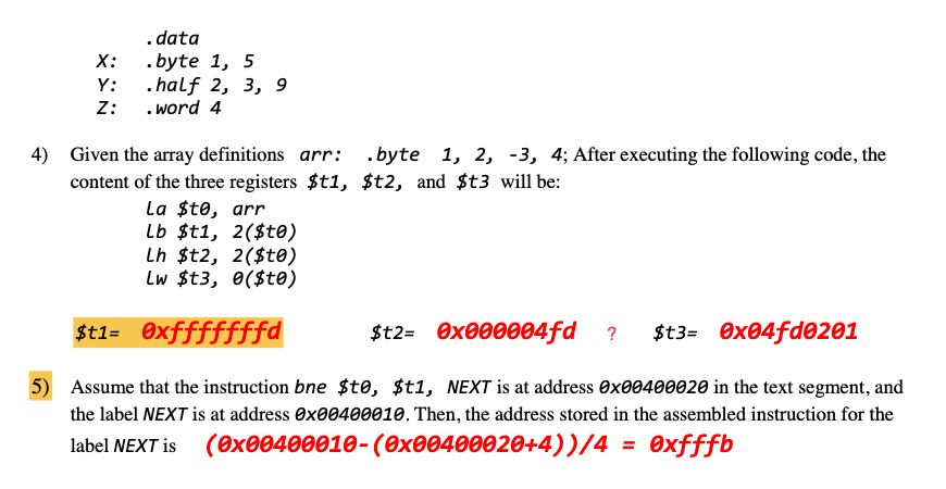 Given the array definitions arr: . byte 1 , 2 , -