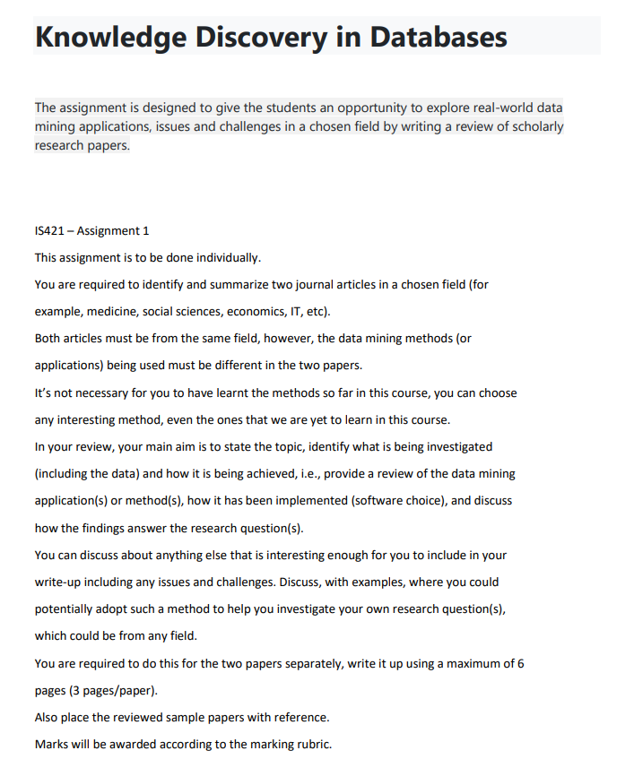 Knowledge Discovery in Databases The assignment