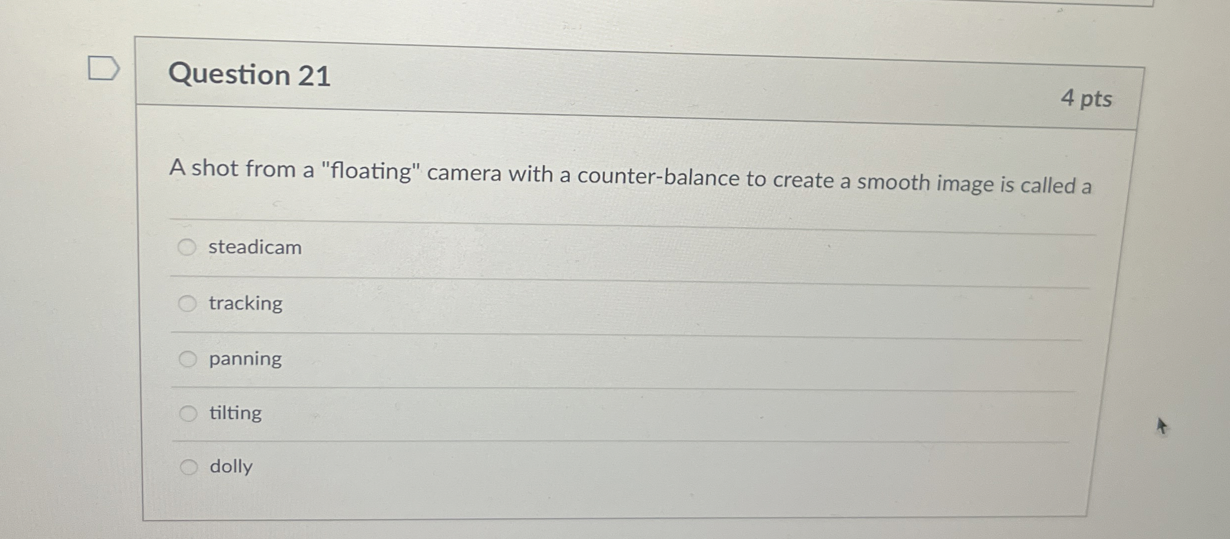 Question 2 1 4 pts A shot from a "floating"