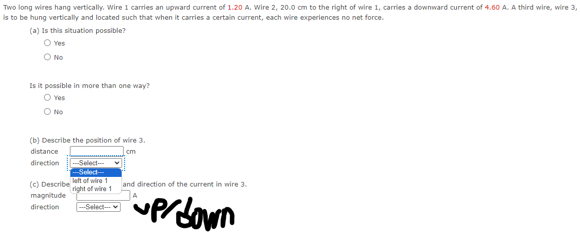 Two long wires hang vertically. Wire 1 carries an