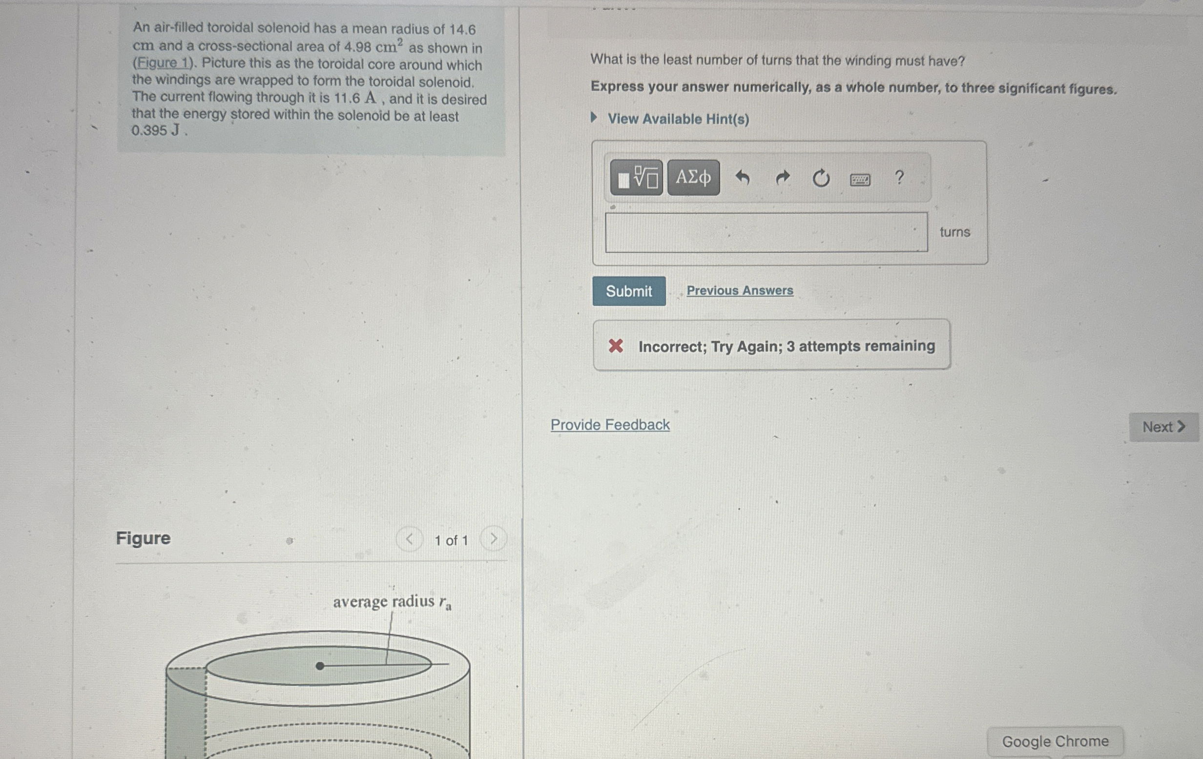 An air - filled toroidal solenoid has a mean
