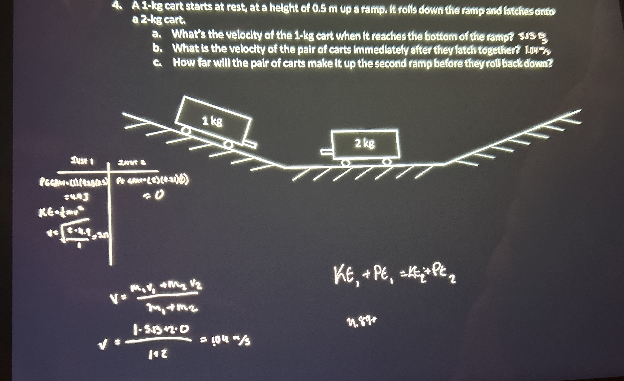A 1 - k g cart starts at rest, at a height of 0 .