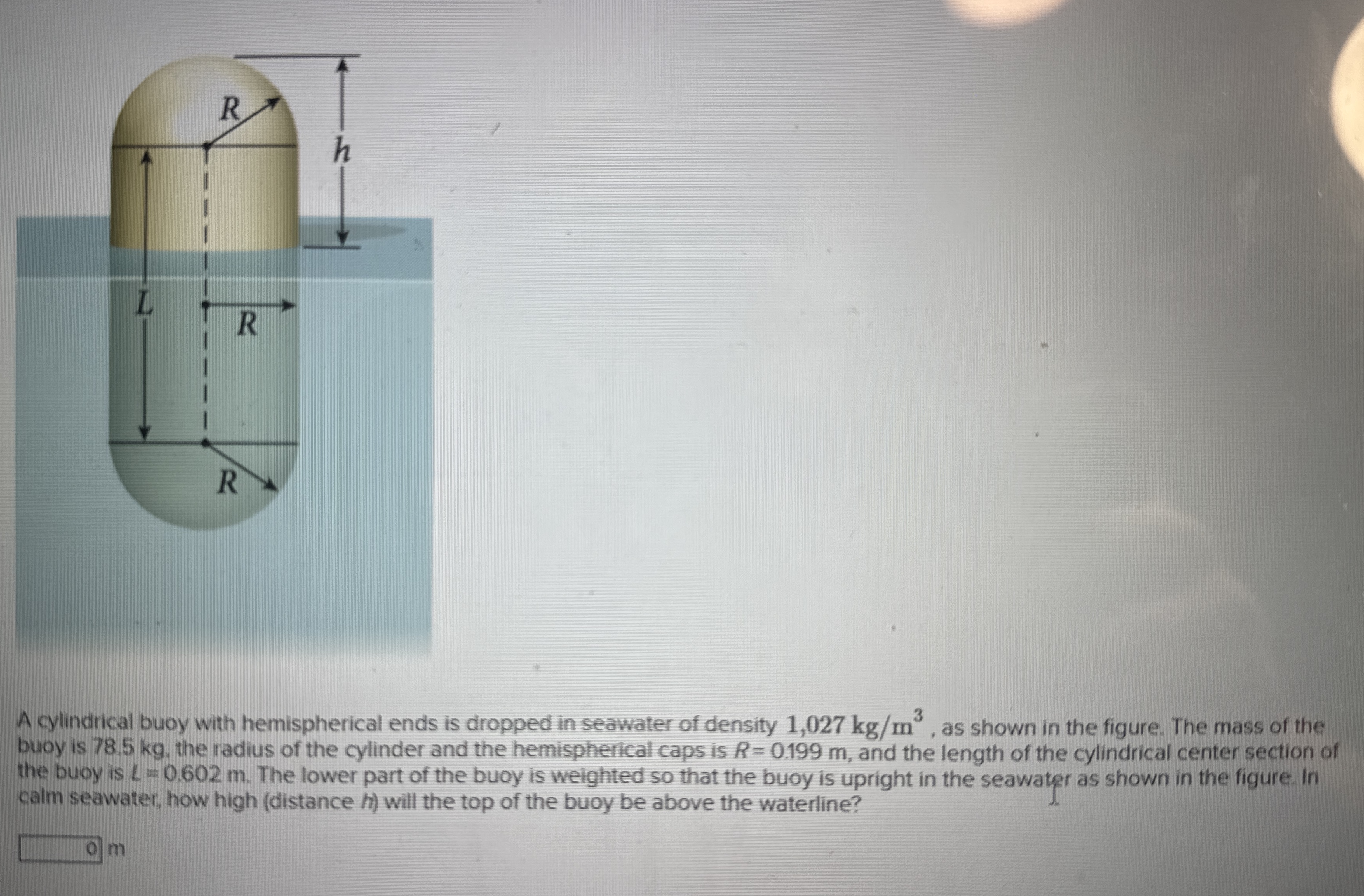 A cylindrical buoy with hemispherical ends is