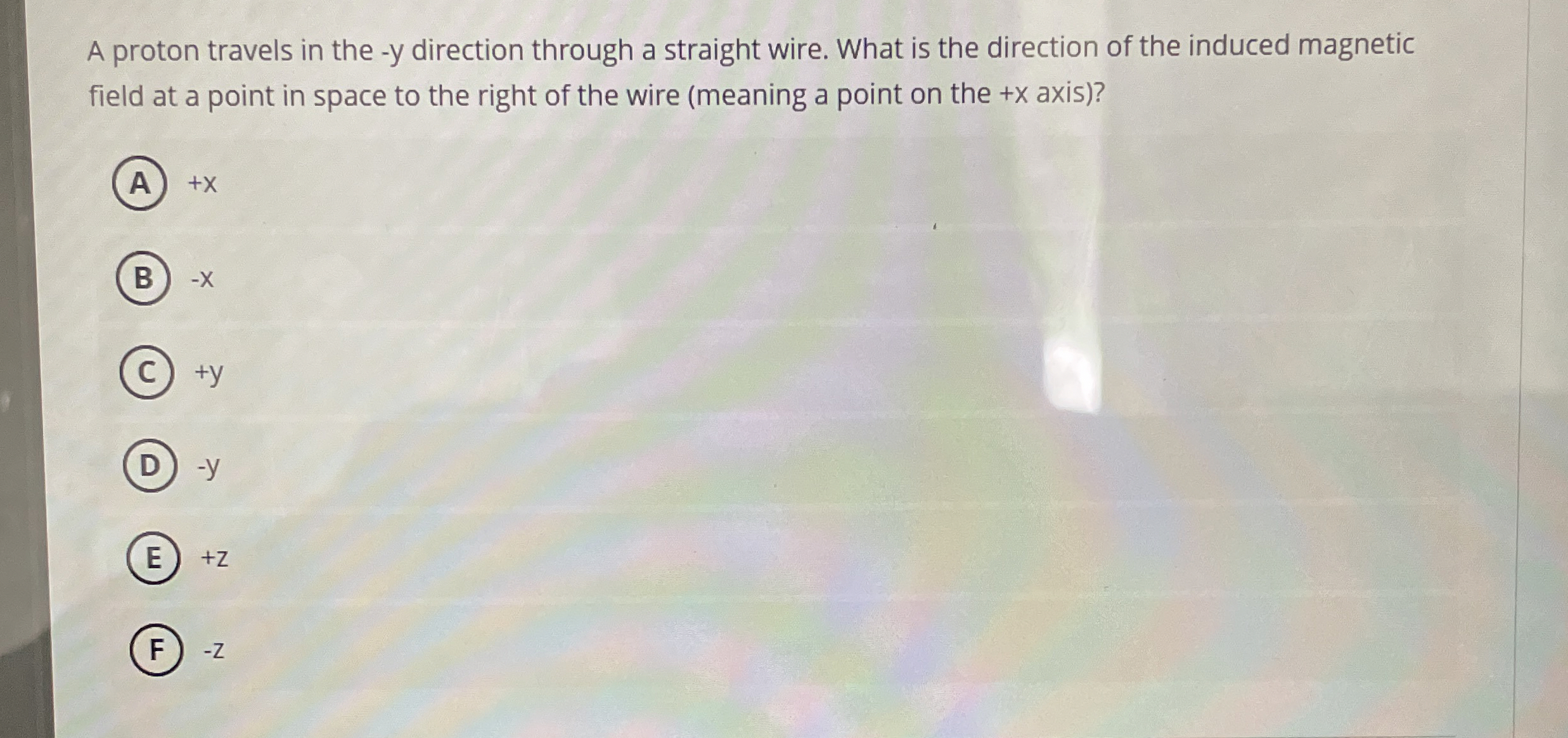 A proton travels in the - y direction through a