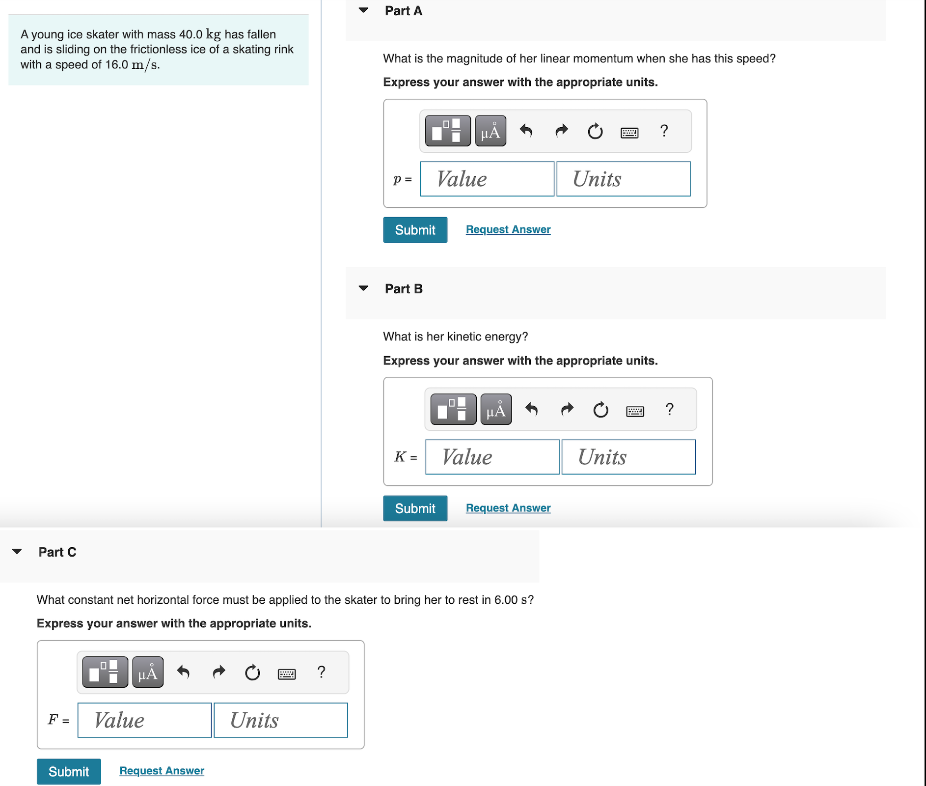 A young ice skater with mass 4 0 . 0 kgkg has