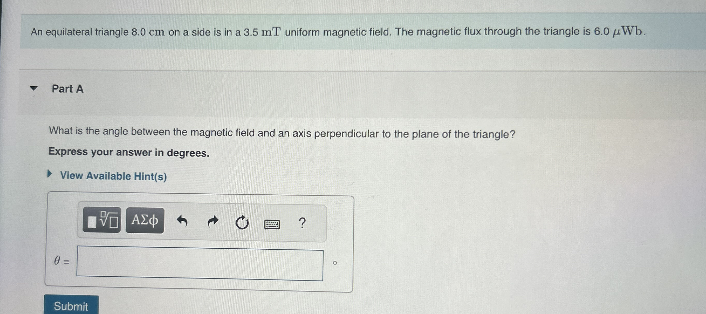An equilateral triangle 8 . 0 cm on a side is in