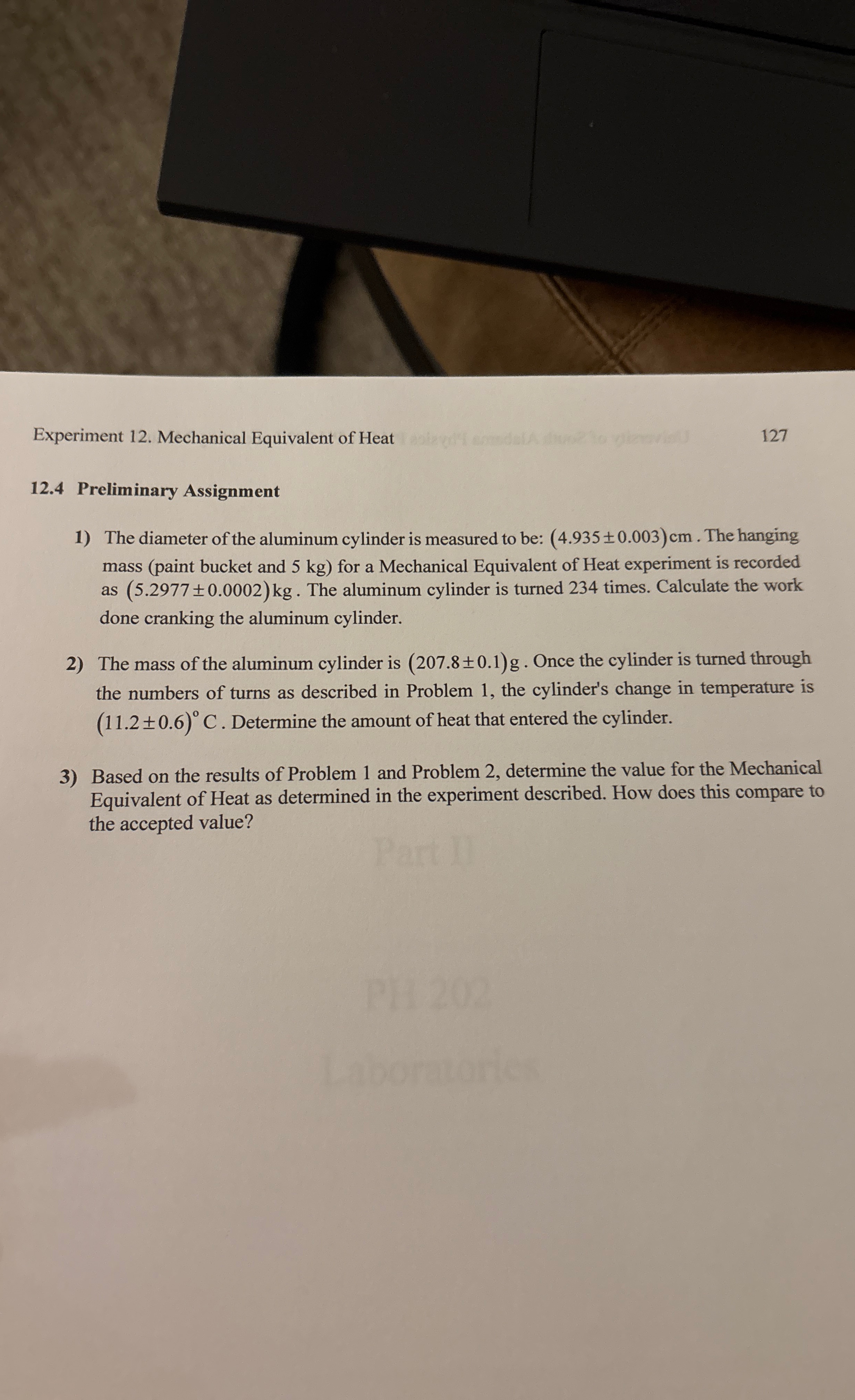 Experiment 1 2 . Mechanical Equivalent of Heat 1