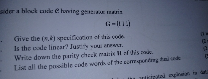 sider a block code C having generator matrix G =