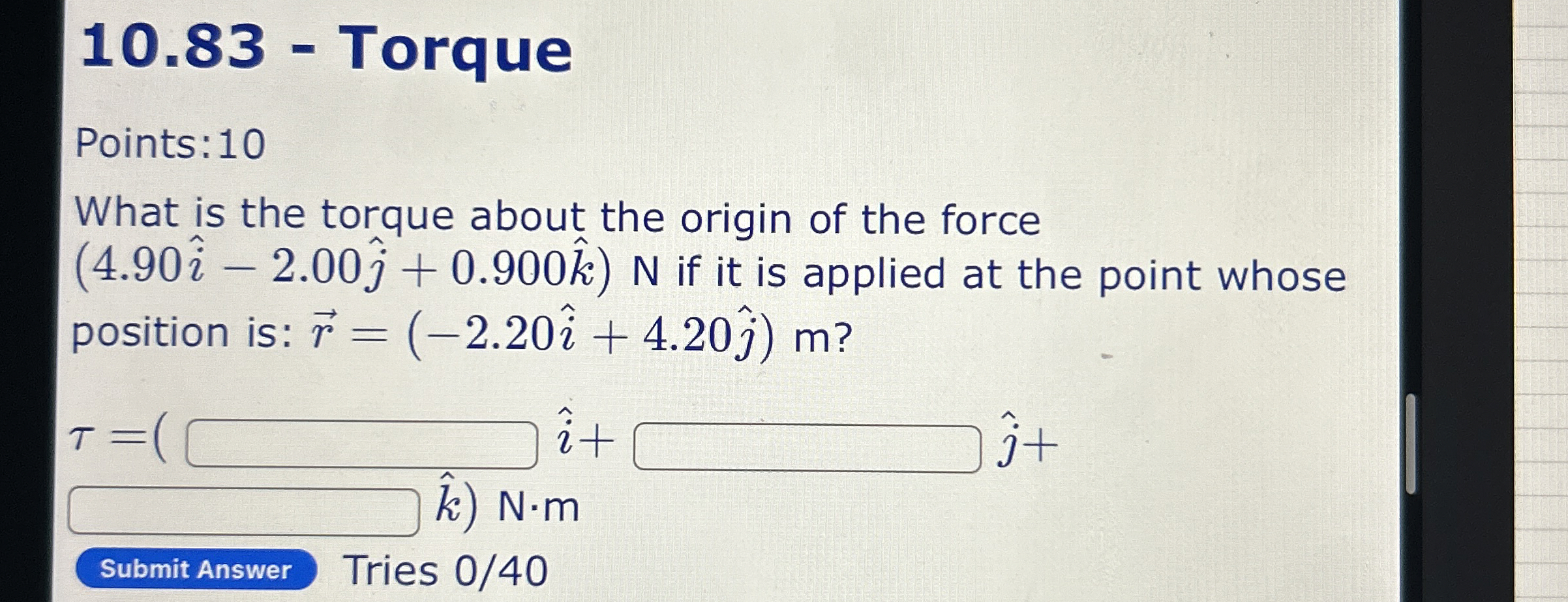 1 0 . 8 3 - Torque Points: 1 0 What is the torque