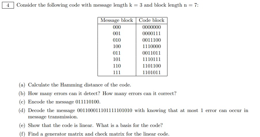 Consider the following code with message length k