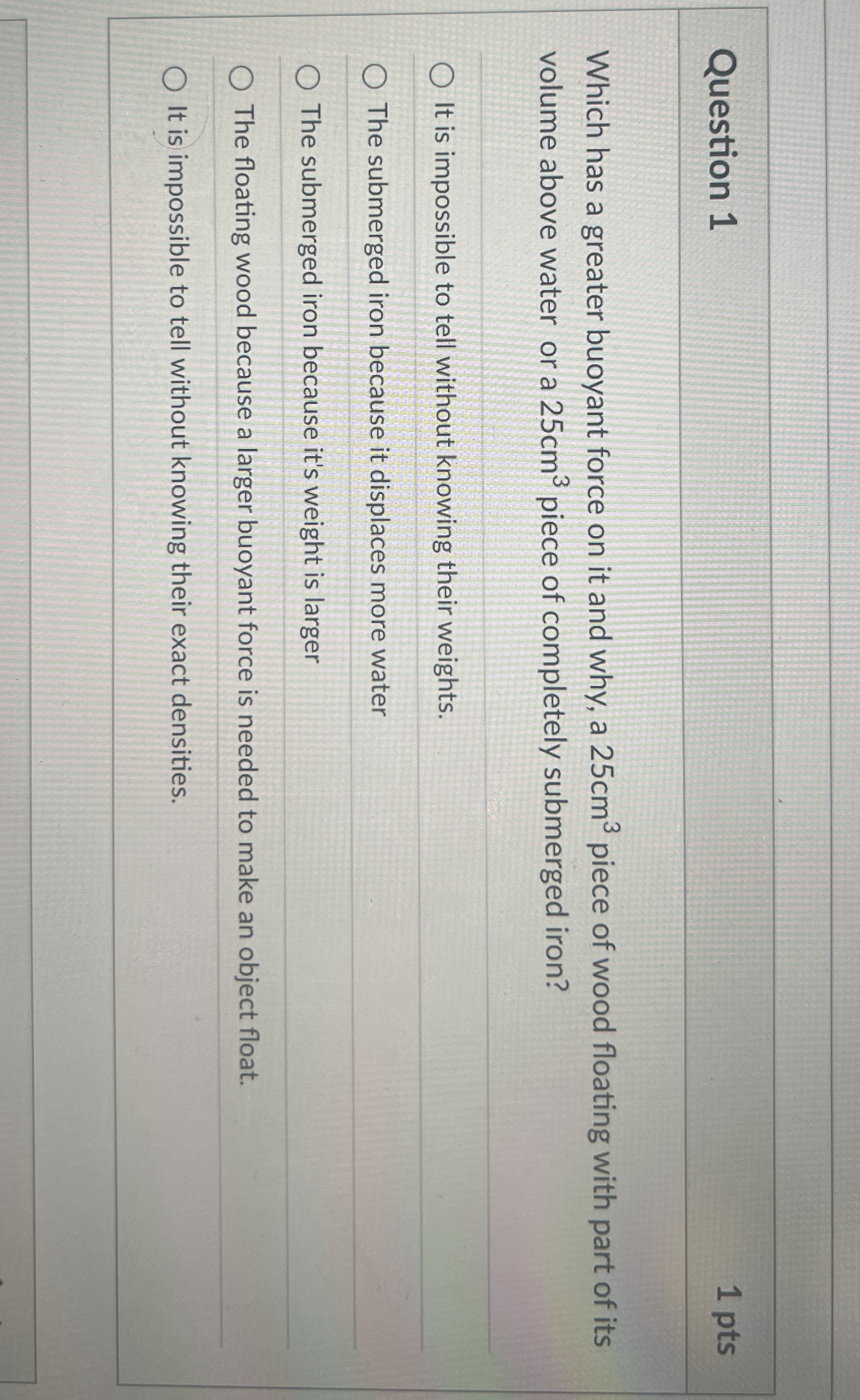 Question 1 1 pts Which has a greater buoyant