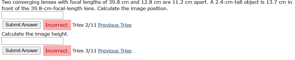 Two converging lenses with focal lengths of 3 9 .
