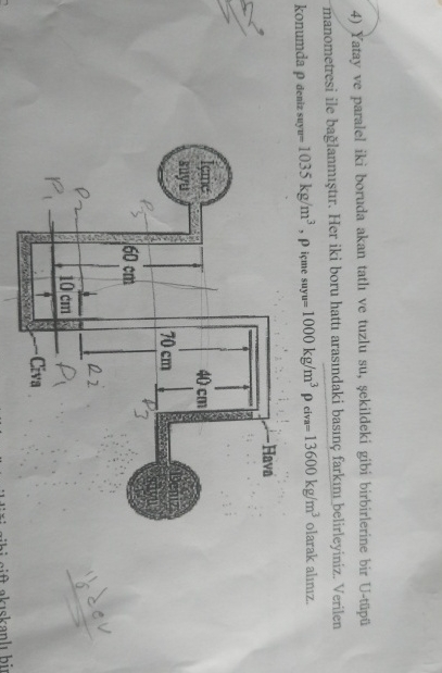 Yatay ve paralel iki boruda akan tatl ve tuzlu su