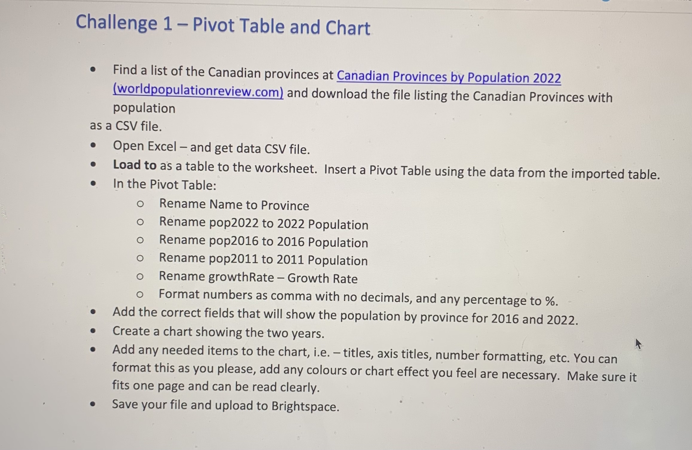 Challenge 1 - Pivot Table and Chart Find a list