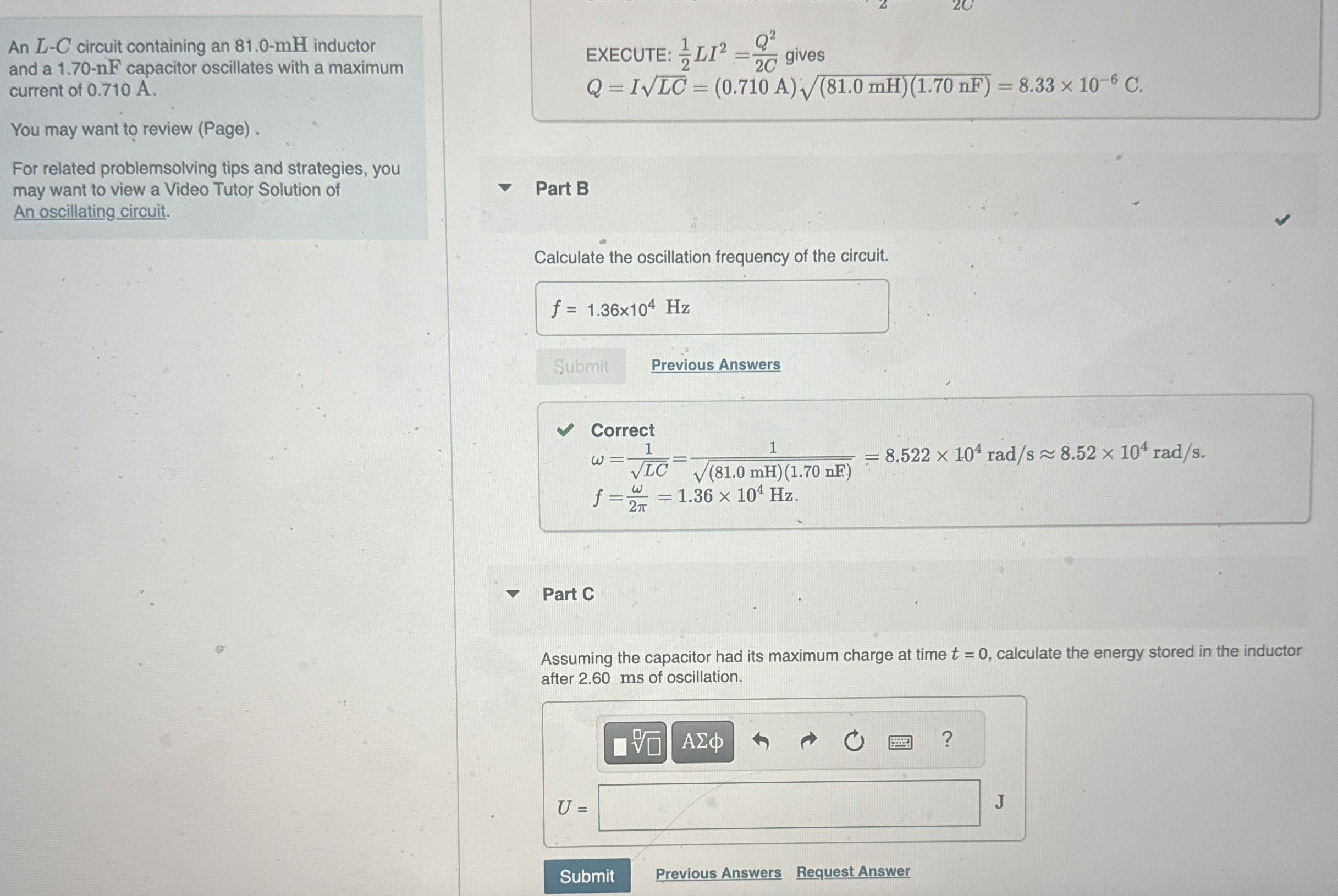 An L - C circuit containing an 8 1 . 0 - m H