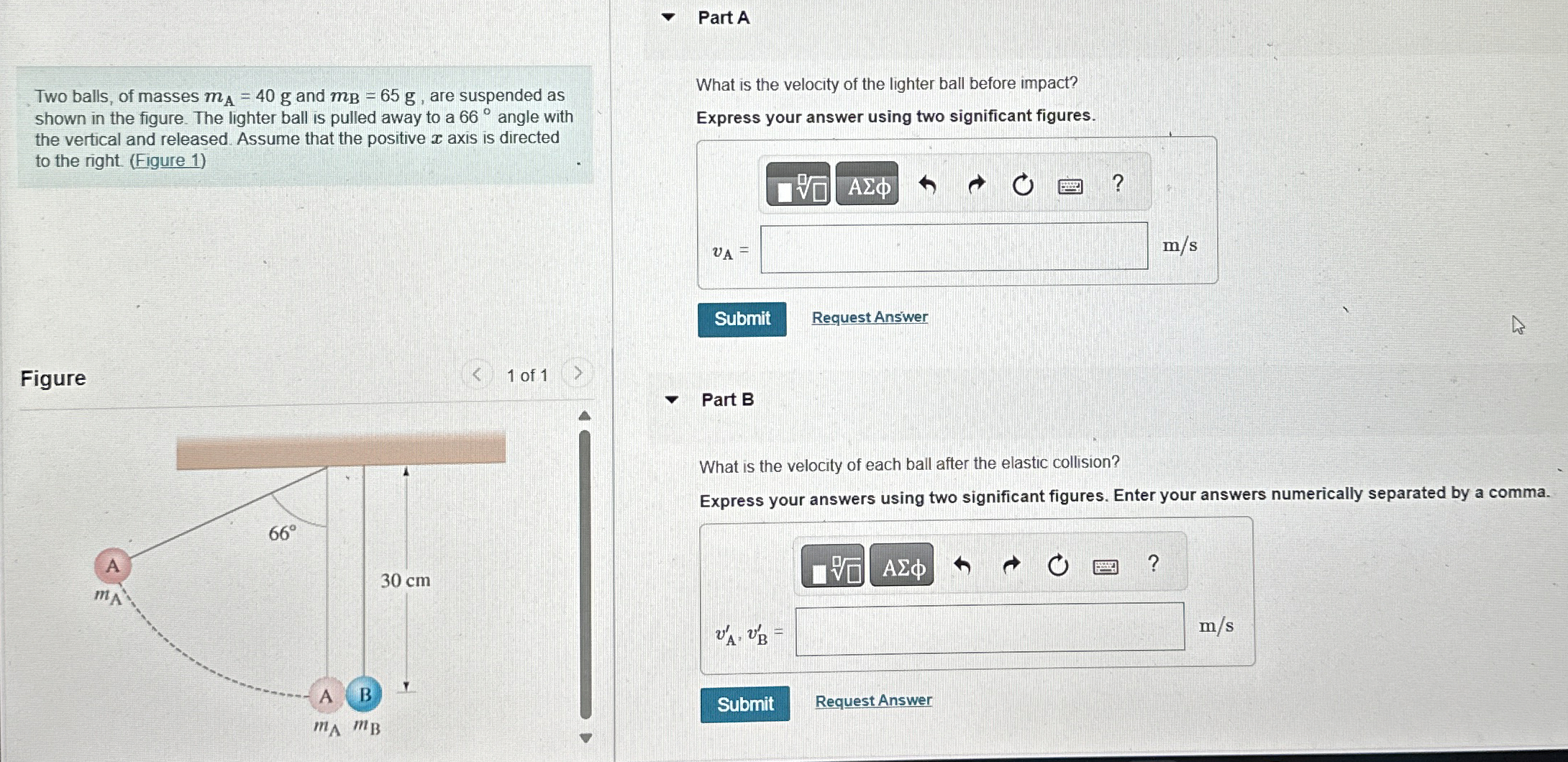 Part A Two balls, of masses m A = 4 0 g and m B =
