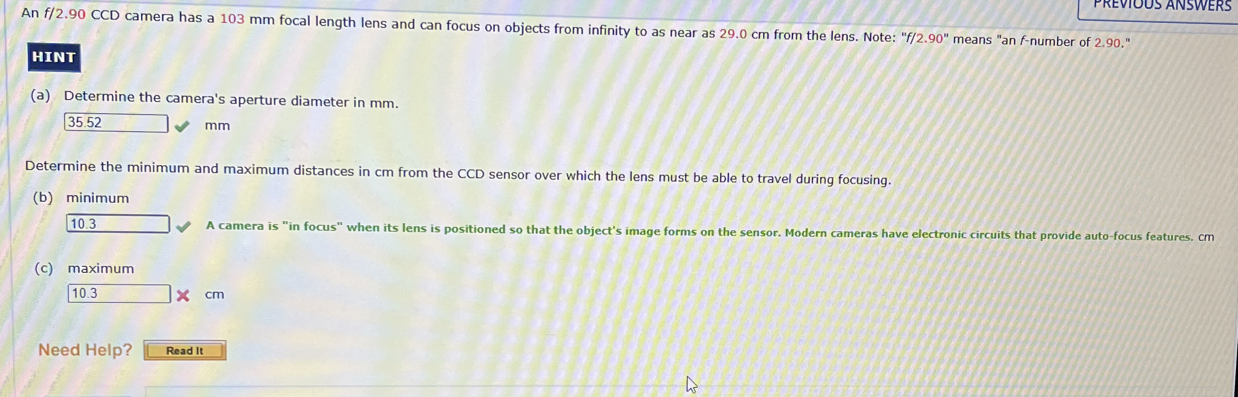 An f 2 . 9 0 CCD camera has a 1 0 3 mm focal