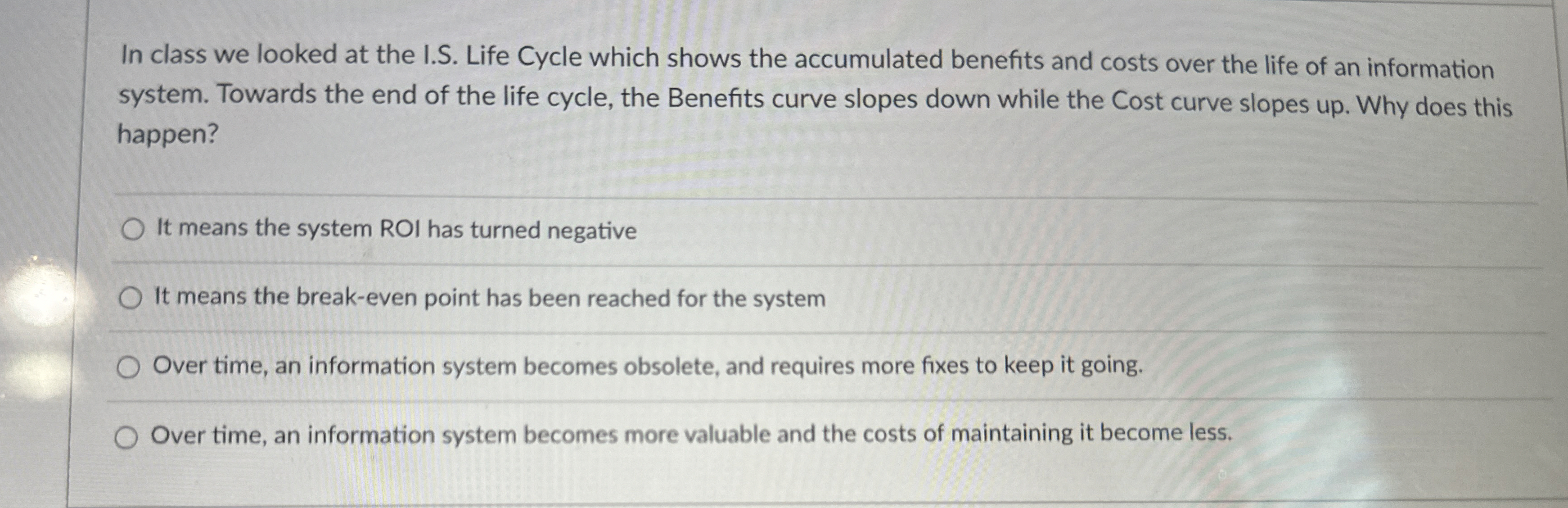 In class we looked at the I.S . Life Cycle which