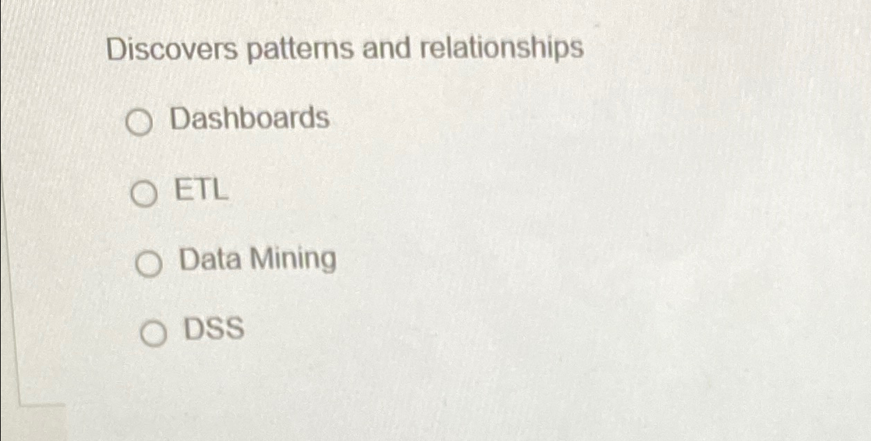 Discovers patterns and relationships Dashboards