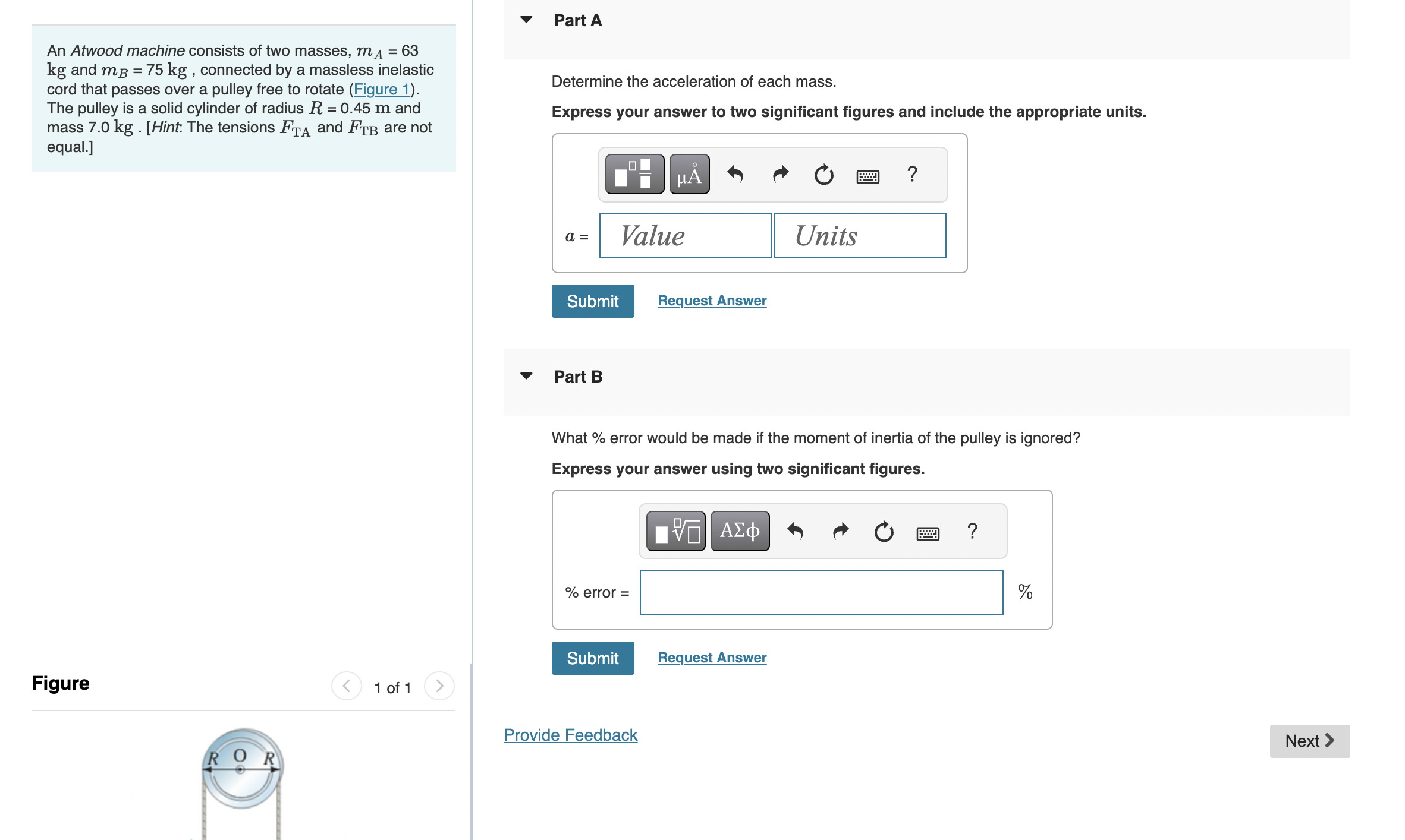 An Atwood machine consists of two masses, mAmA =
