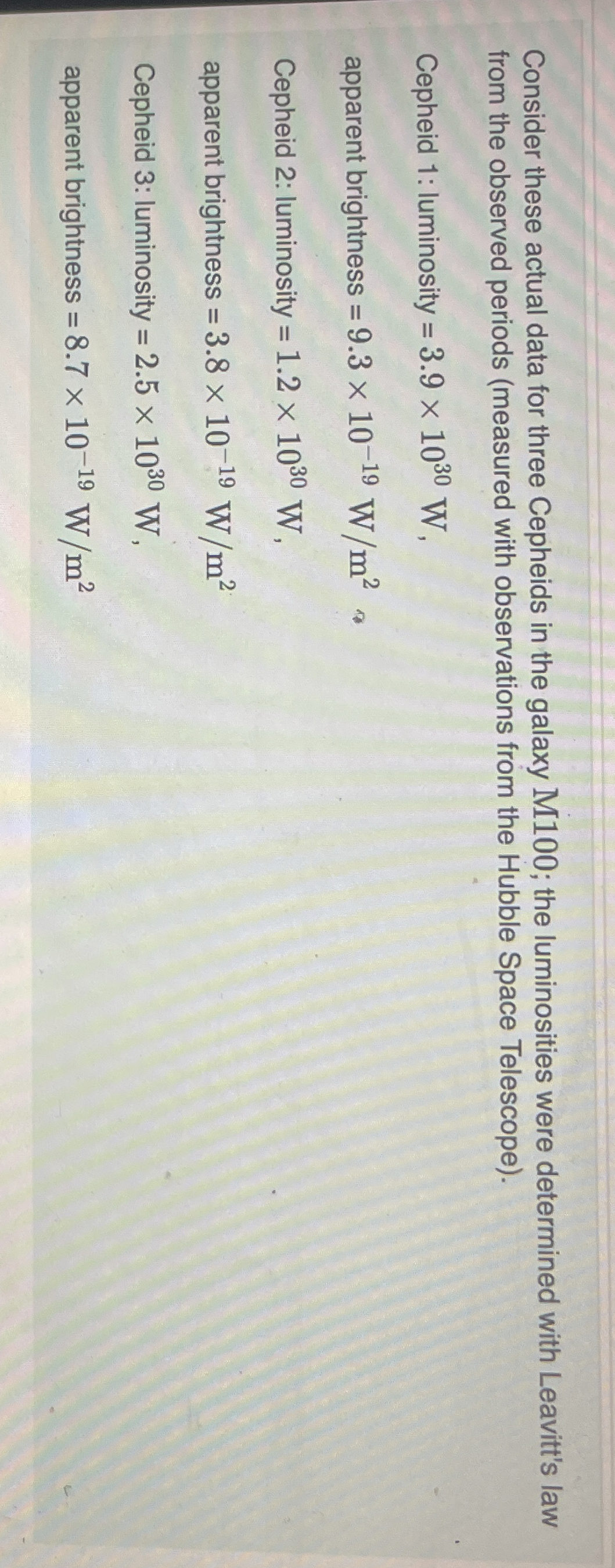 Consider these actual data for three Cepheids in