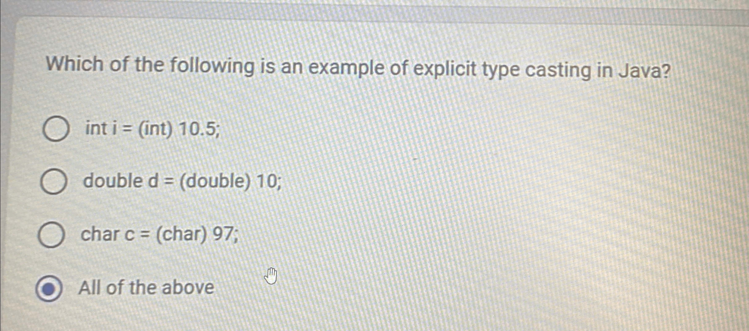 Which of the following is an example of explicit