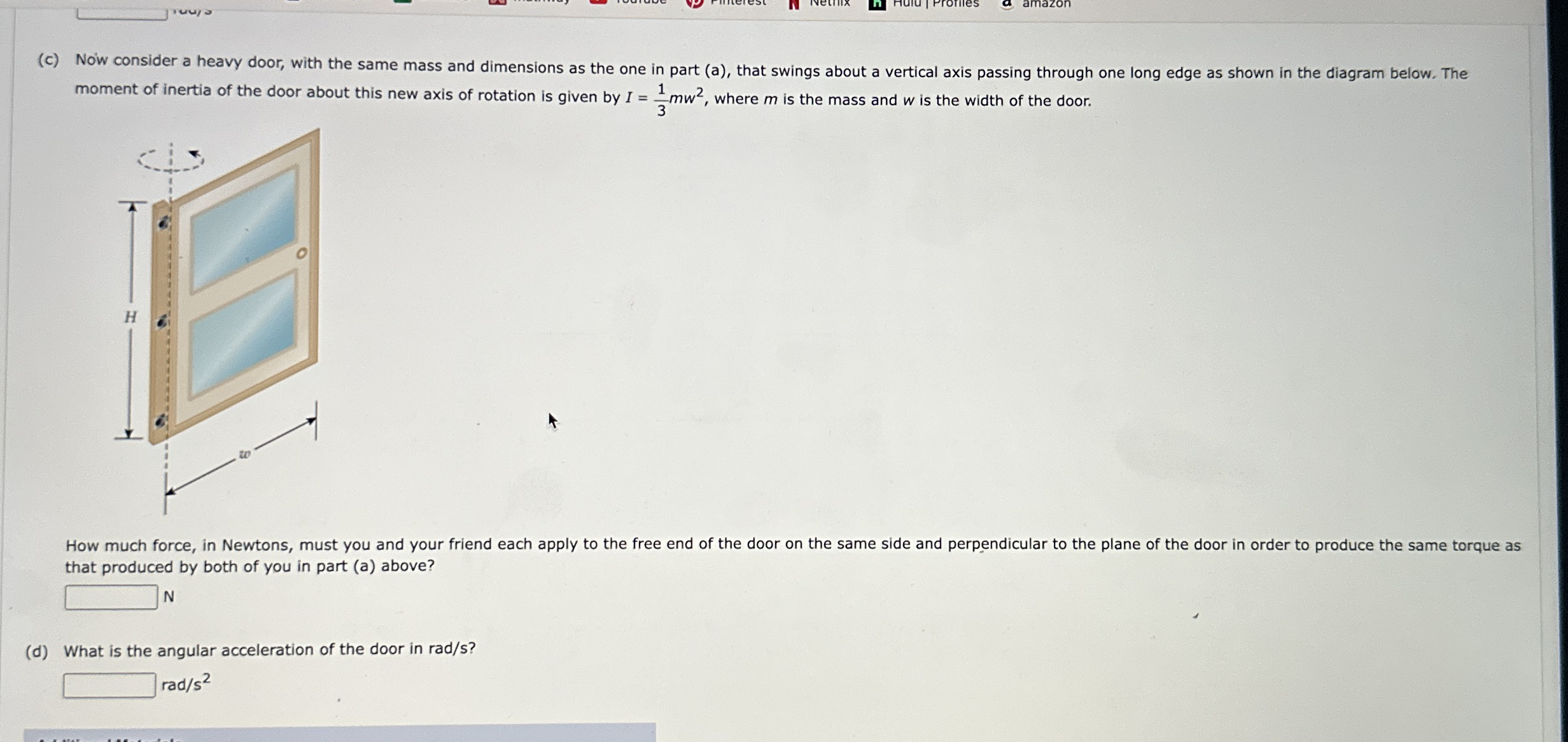 A heavy swing door has a mass of m = 8 , 5 0 0 k
