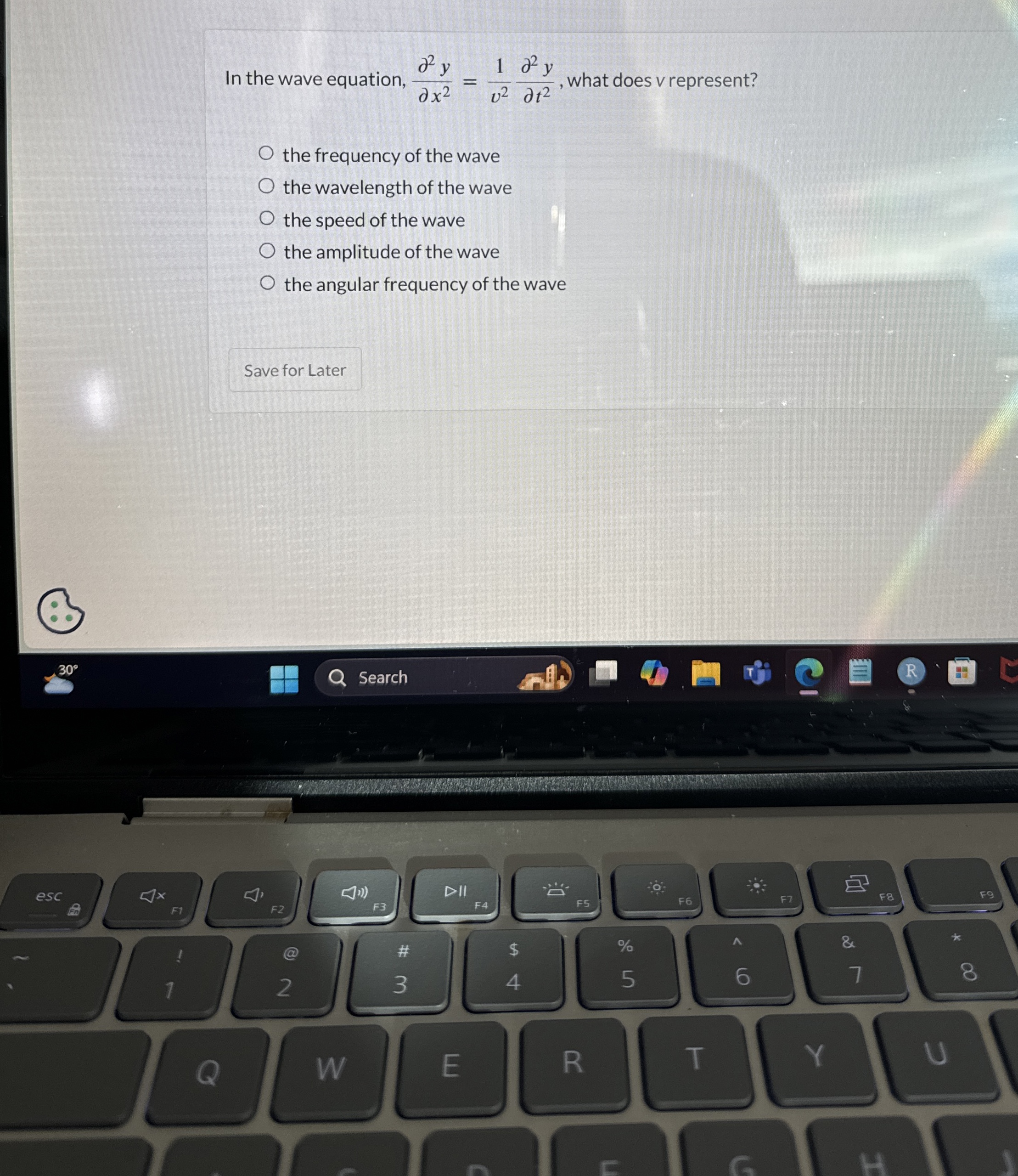 In the wave equation, d e l 2 y d e l x 2 = 1 v 2