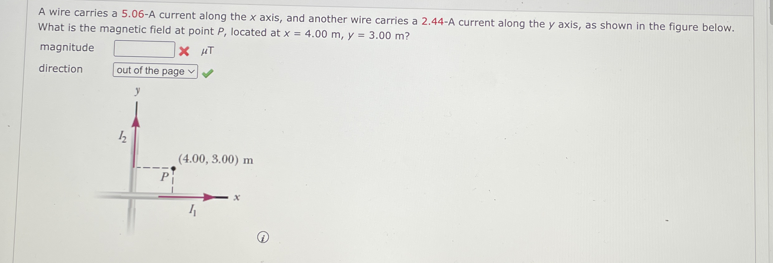 A wire carries a 5 . 0 6 - A current along the x