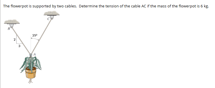 The flowerpot is supported by two cables.