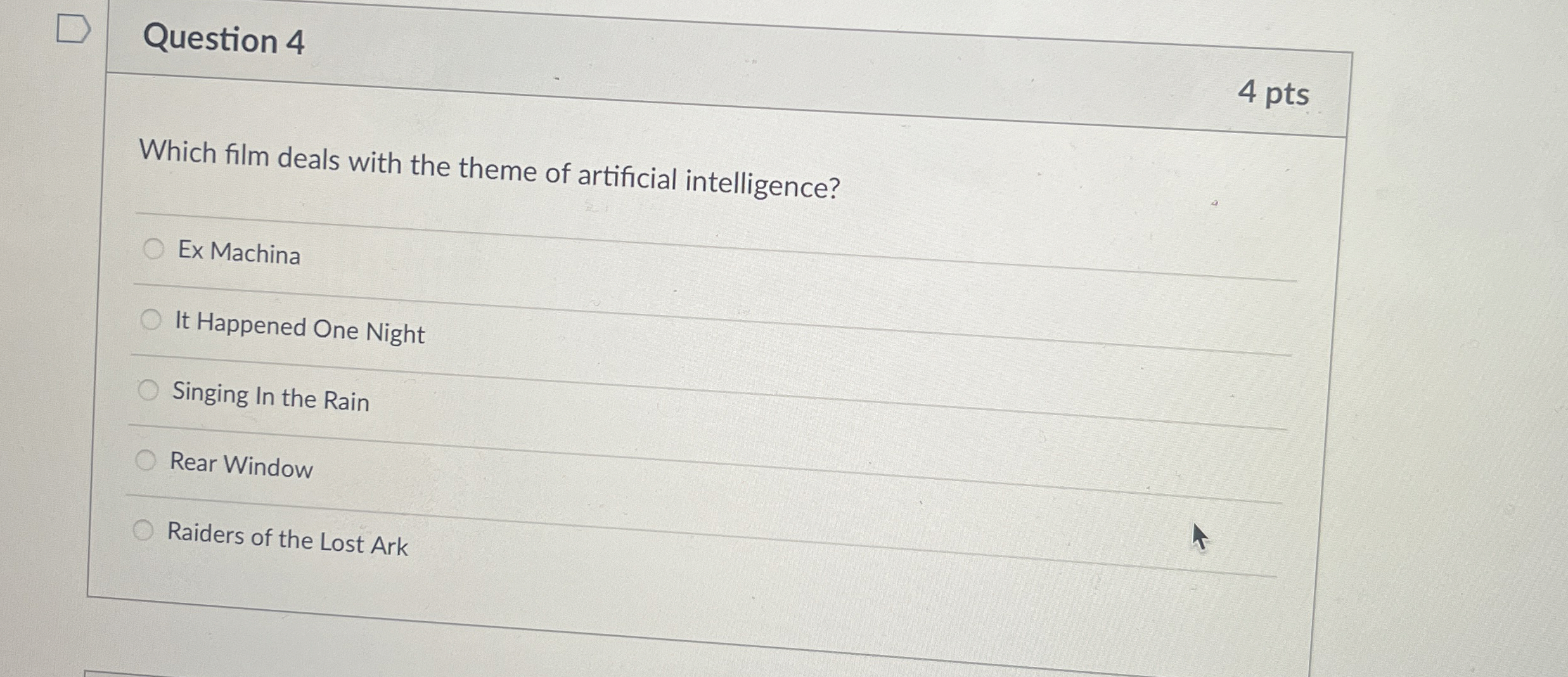 Question 4 4 pts Which film deals with the theme