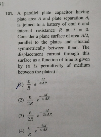 A parallel plate capacitor having plate area A