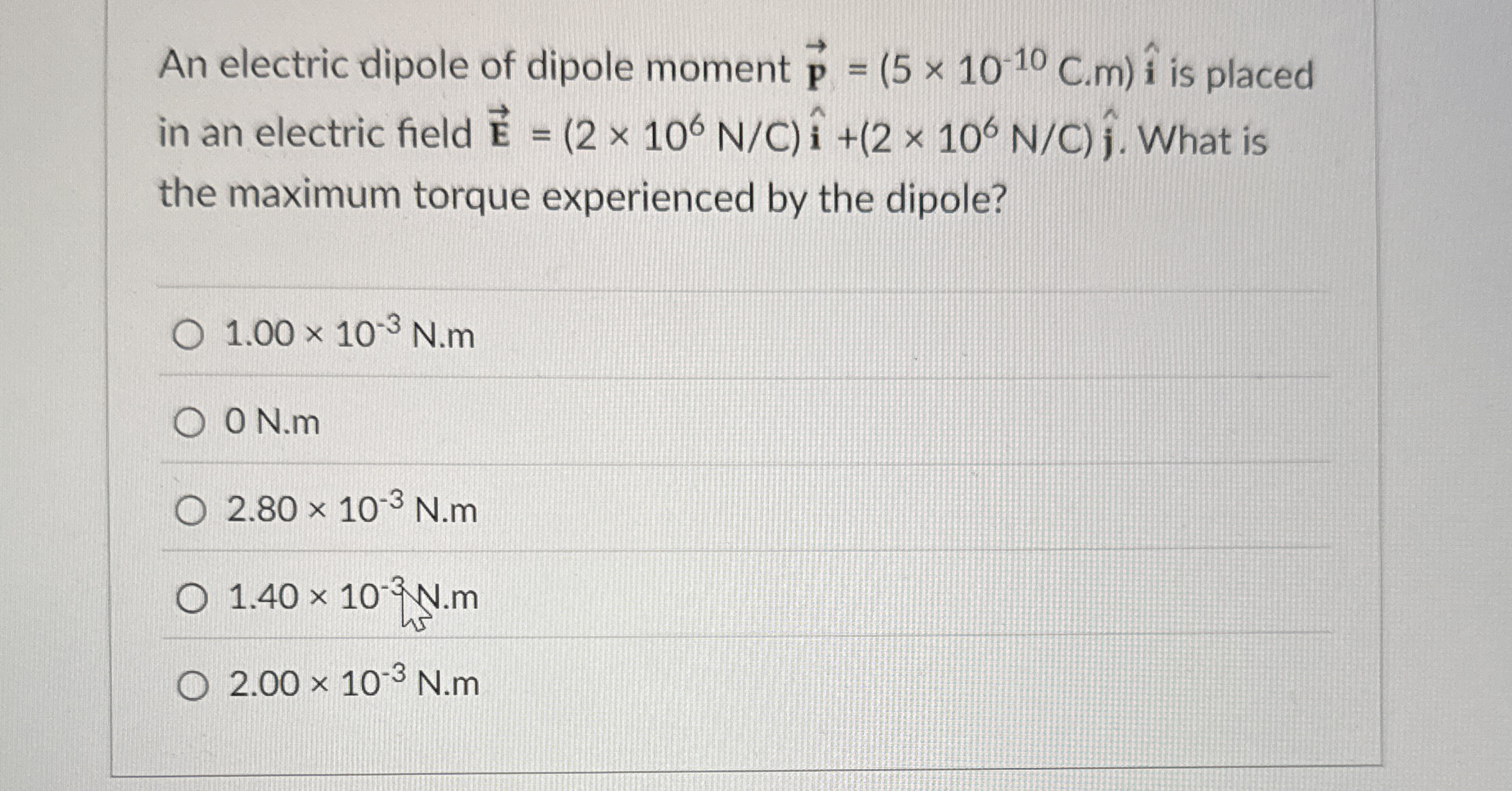 An electric dipole of dipole moment vec ( p ) = (